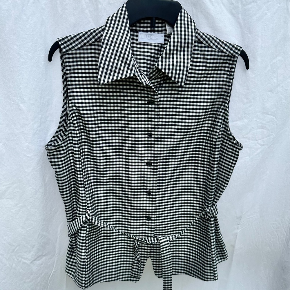 Gingham Button Down Sleeveless Peplum Belted Shirt